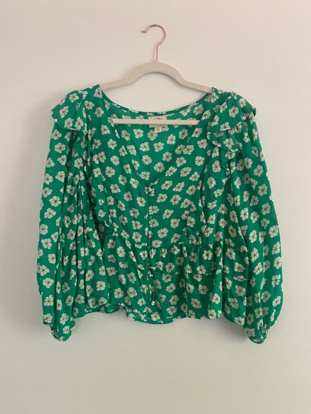 Billabong Wrangler Green Floral Long Sleeve Peplum Cottage Blouse - Size M
